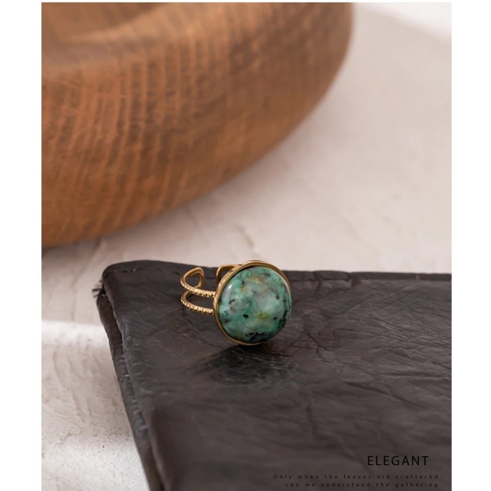 New 18K Gold Plated Green Round Natural Stone Resizable Ring - Picture 4 of 6